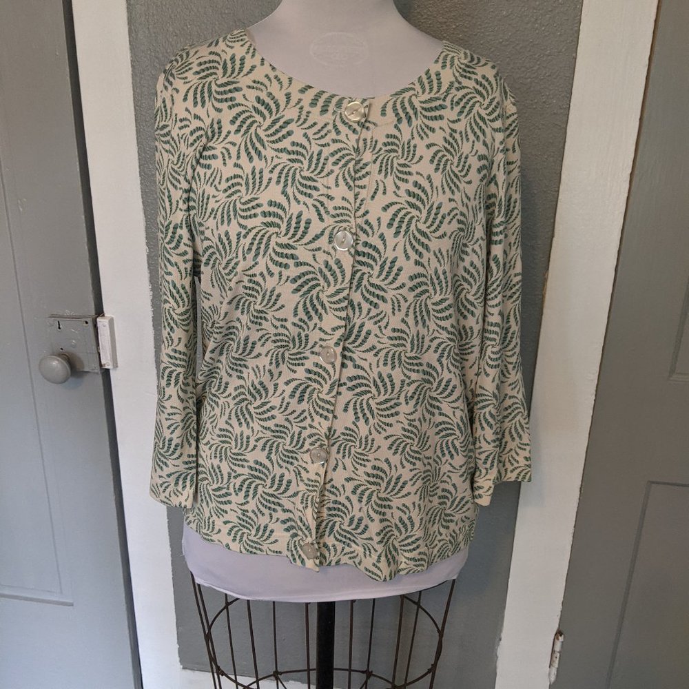 Judith Hart Collection cardigain, XL, 3/4 sleeves, blue & cream